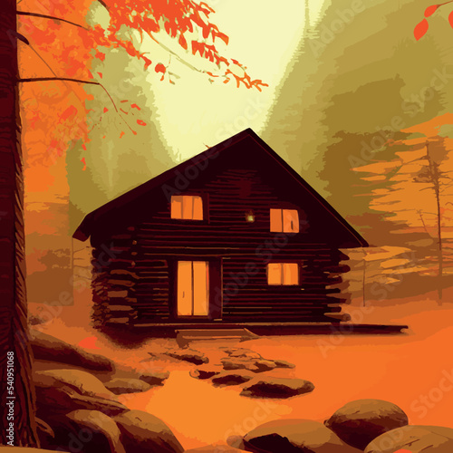 Autumn forest with wooden house on glade. Vector cartoon illustration of deep woods landscape with forester hut, grass and orange trees. Fall scene with cottage