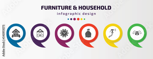 furniture & household infographic template with icons and 6 step or option. furniture & household icons such as pet house, canopy bed, wall clock, garbage bags, bidet, dog vector. can be used for