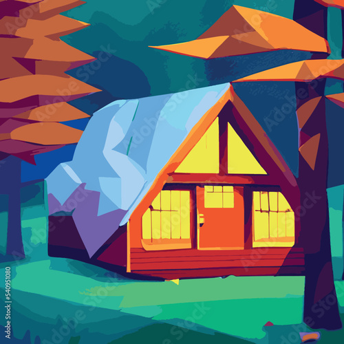 Autumn forest with wooden house on glade. Vector cartoon illustration of deep woods landscape with forester hut, grass and orange trees. Fall scene with cottage