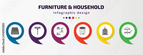 furniture & household infographic template with icons and 6 step or option. furniture & household icons such as mattress, carpet sweeper, wall shelves, side table, bird cage, lounger vector. can be
