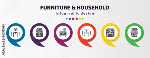 furniture & household infographic template with icons and 6 step or option. furniture & household icons such as dining room, drawers, night stand, dinner table, chest, laundry hamper vector. can be