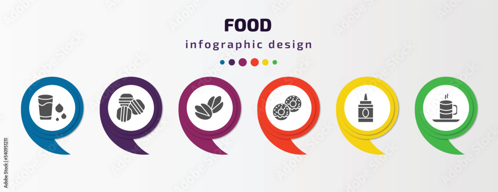 food infographic template with icons and 6 step or option. food icons such as drink water, arons, pistachio, donuts, condiment, warm cup and plate vector. can be used for banner, info graph, web, food infographic template with icons and 6 step or option. food icons such as drink water, arons, pistachio, donuts, condiment, warm cup and plate vector. can be used for banner, info graph, web,