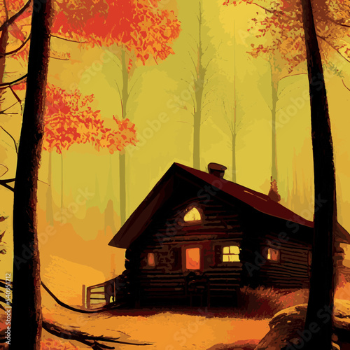 Autumn forest with wooden house on glade. Vector cartoon illustration of deep woods landscape with forester hut, grass and orange trees. Fall scene with cottage