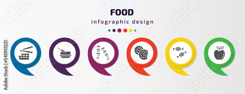 food infographic template with icons and 6 step or option. food icons such as fried tofu curd balls, butter, kebab, biscuits, sugar container, leaf vector. can be used for banner, info graph, web,