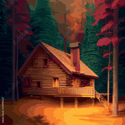 Autumn forest with wooden house on glade. Vector cartoon illustration of deep woods landscape with forester hut, grass and orange trees. Fall scene with cottage