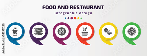 food and restaurant infographic template with icons and 6 step or option. food and restaurant icons such as stew, ribs, no eating, marzipan, tea time, sour soup vector. can be used for banner, info