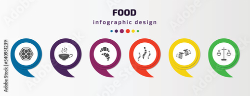 food infographic template with icons and 6 step or option. food icons such as king cake, coffee cup with steam, croissant, worms, beers, scale balanced tool vector. can be used for banner, info