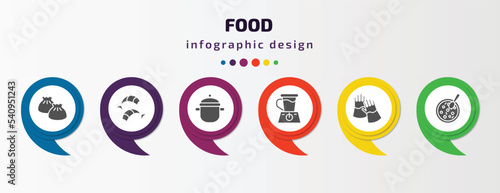 food infographic template with icons and 6 step or option. food icons such as dumpling, shrimps, kitchen pot, blend, protection gloves, winter melon soup vector. can be used for banner, info graph,