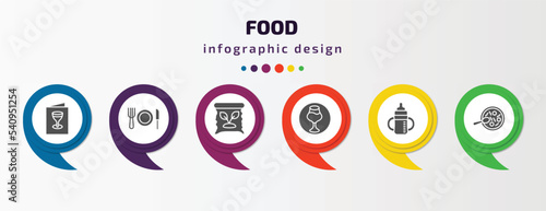 food infographic template with icons and 6 step or option. food icons such as drinks menu, plate and utensils, organic food, drinking zone, sippy cup, snow fungus soup vector. can be used for