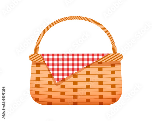 Empty wicker picnic basket with checkered cloth napkin. Hand woven willow hamper isolated on white background. Vector cartoon illustration.