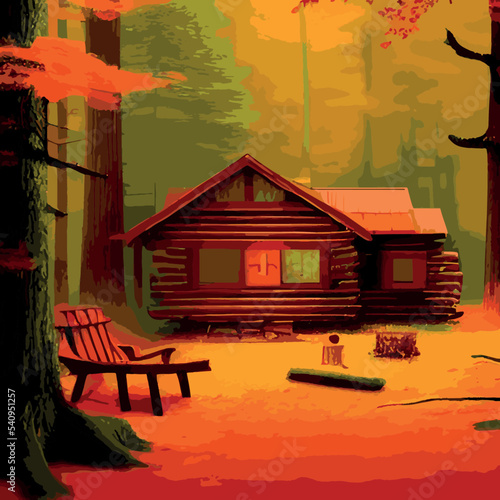 Autumn forest with wooden house on glade. Vector cartoon illustration of deep woods landscape with forester hut, grass and orange trees. Fall scene with cottage