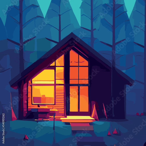 Autumn forest with wooden house on glade. Vector cartoon illustration of deep woods landscape with forester hut, grass and orange trees. Fall scene with cottage