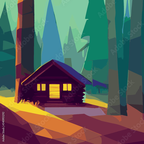 Autumn forest with wooden house on glade. Vector cartoon illustration of deep woods landscape with forester hut, grass and orange trees. Fall scene with cottage