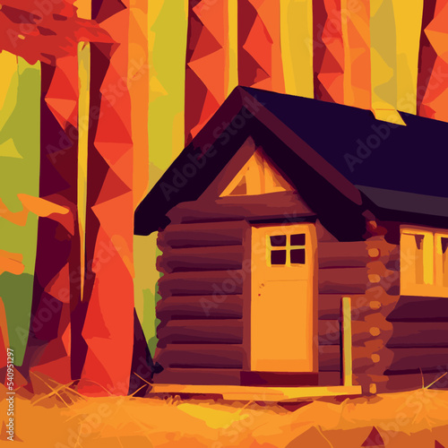 Autumn forest with wooden house on glade. Vector cartoon illustration of deep woods landscape with forester hut, grass and orange trees. Fall scene with cottage