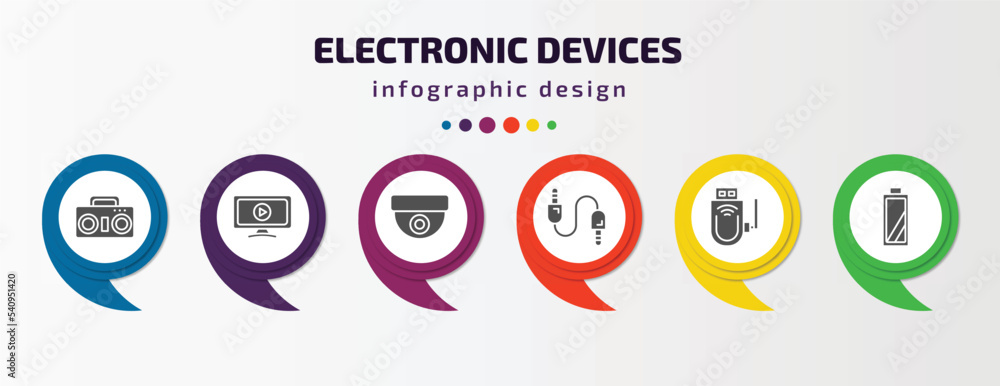 electronic devices infographic template with icons and 6 step or option. electronic devices icons such as boombox, smart tv, cctv, sound cable, usb wireless adapter, battery vector. can be used for electronic devices infographic template with icons and 6 step or option. electronic devices icons such as boombox, smart tv, cctv, sound cable, usb wireless adapter, battery vector. can be used for