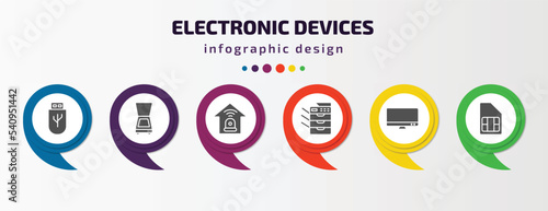 electronic devices infographic template with icons and 6 step or option. electronic devices icons such as usb, scanner, burglar alarm, copy hine, television, sim vector. can be used for banner, info