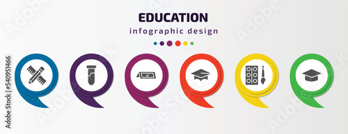 education infographic template with icons and 6 step or option. education icons such as school material, tube, booked, graduation cap, watercolor, graduate vector. can be used for banner, info