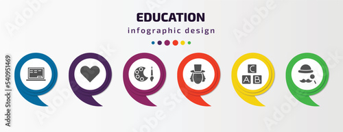 education infographic template with icons and 6 step or option. education icons such as chalkboard, love, paint palette, eugene onegin, alphabet, sherlock holmes vector. can be used for banner, info