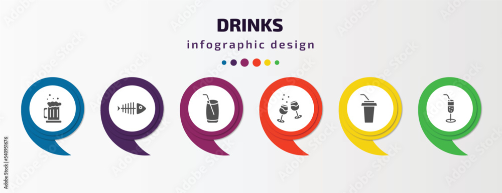 drinks infographic template with icons and 6 step or option. drinks icons such as beer mug, fish skeleton, mojito, glasses with wine, soft drink, ramos gin fizz vector. can be used for banner, info drinks infographic template with icons and 6 step or option. drinks icons such as beer mug, fish skeleton, mojito, glasses with wine, soft drink, ramos gin fizz vector. can be used for banner, info