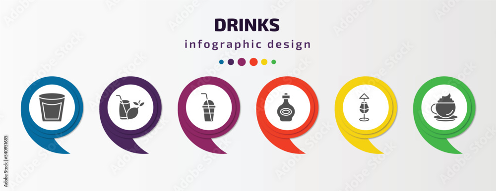 drinks infographic template with icons and 6 step or option. drinks icons such as white russian drink, lemon juice, smoothie, armagnac, mai thai, cappuccino vector. can be used for banner, info drinks infographic template with icons and 6 step or option. drinks icons such as white russian drink, lemon juice, smoothie, armagnac, mai thai, cappuccino vector. can be used for banner, info
