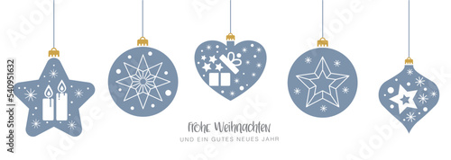 Frohe Weihnachten - Weihnachtsgrüße Weihnachtsdekoration und deutschem Text auf weißem Hintergrund