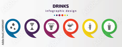drinks infographic template with icons and 6 step or option. drinks icons such as drip, flirtini, irish sour, daiquiri, latte, paper cup vector. can be used for banner, info graph, web,