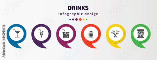 drinks infographic template with icons and 6 step or option. drinks icons such as martini, blue lagoon, caipirinha, french press, forks, coffee bag vector. can be used for banner, info graph, web,