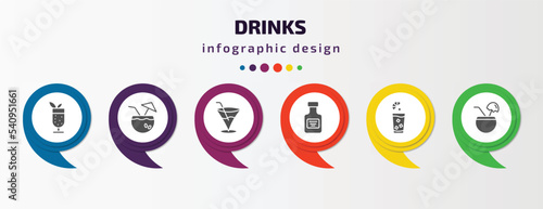 drinks infographic template with icons and 6 step or option. drinks icons such as mint julep, coconut drink, pink rose, absinthe, fruit juice, planter's punch vector. can be used for banner, info