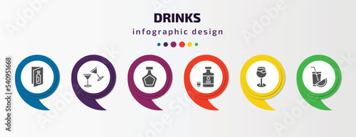 drinks infographic template with icons and 6 step or option. drinks icons such as wine list, toast, brandy, herbal liquor, glass with wine, watermelon juice vector. can be used for banner, info