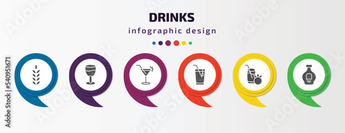 drinks infographic template with icons and 6 step or option. drinks icons such as grain, brandy glass, cosmopolitan, ice tea, tomato juice, cognac vector. can be used for banner, info graph, web,