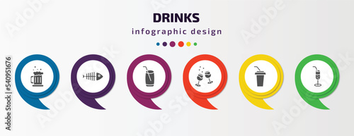 drinks infographic template with icons and 6 step or option. drinks icons such as beer mug, fish skeleton, mojito, glasses with wine, soft drink, ramos gin fizz vector. can be used for banner, info
