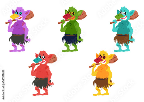 Five different colored Goblins. Set of goblin or troll with hunting tool isolated on white background. Vector illustration of Five different colored Goblins