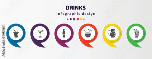 drinks infographic template with icons and 6 step or option. drinks icons such as ice bucket and bottle, cocktail, , malibu, water jug, cuba libre vector. can be used for banner, info graph, web,