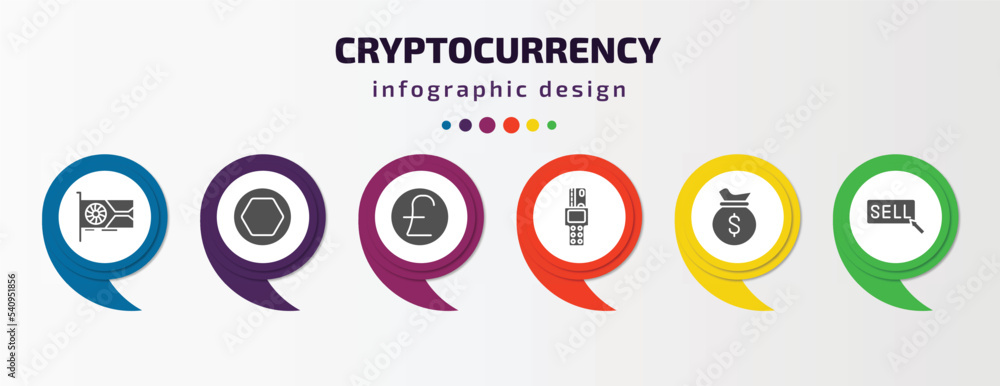 cryptocurrency infographic template with icons and 6 step or option. cryptocurrency icons such as vga card, node, pound sterling, point of service, money bag, sell vector. can be used for banner, cryptocurrency infographic template with icons and 6 step or option. cryptocurrency icons such as vga card, node, pound sterling, point of service, money bag, sell vector. can be used for banner,