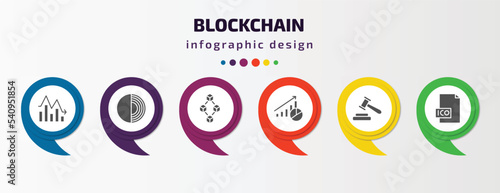 blockchain infographic template with icons and 6 step or option. blockchain icons such as fluctuation, tor, blokchain block, economy, auction hammer, ico vector. can be used for banner, info graph,