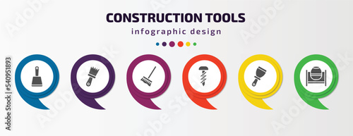 construction tools infographic template with icons and 6 step or option. construction tools icons such as bolster, builder brush, cleaning mop, garage screw, putty knife, cement mixers vector. can