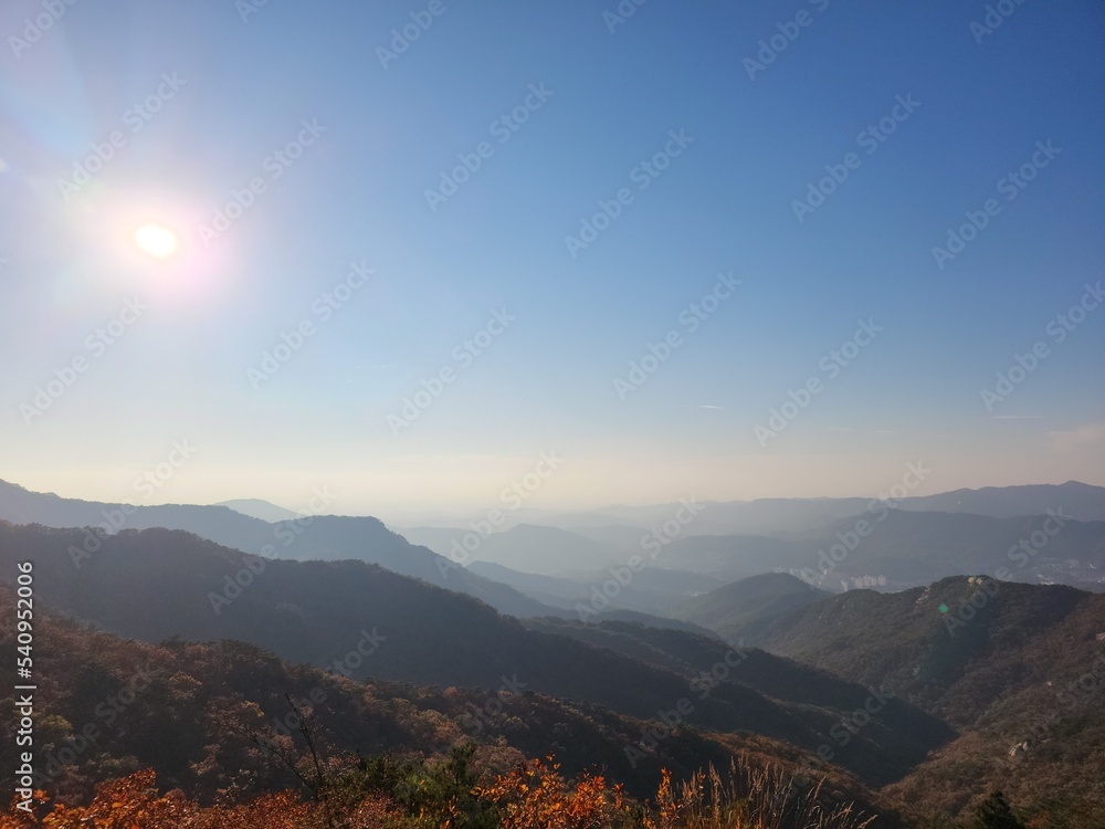 Bukhansan National Park. Mangwolsa Temple. autumn mountains. hiking Korean mountains. mountain landscapes in autumn. trekking. rise to the top of the mountain. fine dust in Korea
