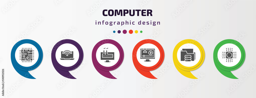 computer infographic template with icons and 6 step or option. computer icons such as chips, wi fi, industrial, video lecture, connected folder data, computer chip vector. can be used for banner, computer infographic template with icons and 6 step or option. computer icons such as chips, wi fi, industrial, video lecture, connected folder data, computer chip vector. can be used for banner,