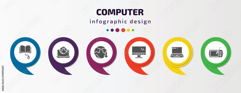 computer infographic template with icons and 6 step or option. computer icons such as book and computer mouse, surfing the net, download from the net, and monitor, widescreen laptop, tablet tool computer infographic template with icons and 6 step or option. computer icons such as book and computer mouse, surfing the net, download from the net, and monitor, widescreen laptop, tablet tool