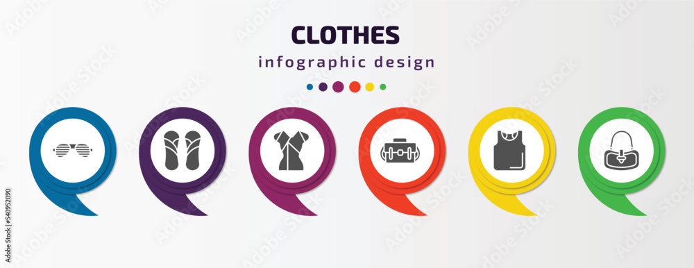 clothes infographic template with icons and 6 step or option. clothes icons such as shutter sunglasses, sandals, chiffon suffle blouse, messenger bag, sleeveless shirt, hobo bag vector. can be used clothes infographic template with icons and 6 step or option. clothes icons such as shutter sunglasses, sandals, chiffon suffle blouse, messenger bag, sleeveless shirt, hobo bag vector. can be used