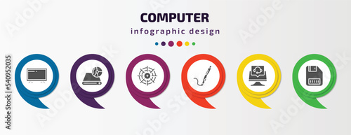 computer infographic template with icons and 6 step or option. computer icons such as televisions, dvd drive, calibrate, 3d printing pen, online support, save file vector. can be used for banner,
