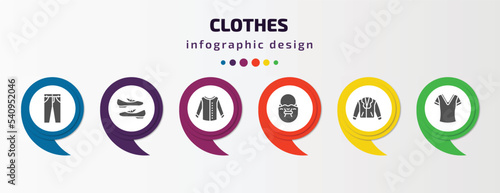 clothes infographic template with icons and 6 step or option. clothes icons such as chi pants, loafer, collarless cotton shirt, bucket bag, leather biker jacket, v neck shirt vector. can be used for