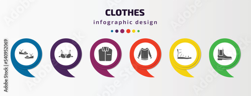 clothes infographic template with icons and 6 step or option. clothes icons such as platform sandals, bra, formal shirt, long sleeves t shirt, gladiator sandal, leather chelsea boots vector. can be