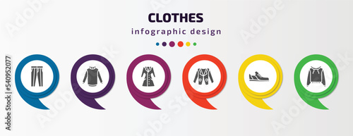 clothes infographic template with icons and 6 step or option. clothes icons such as oxford wave suit pants, turtleneck, trench coat, blazer, shoes, pullover vector. can be used for banner, info