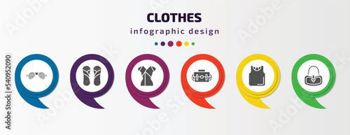 clothes infographic template with icons and 6 step or option. clothes icons such as shutter sunglasses, sandals, chiffon suffle blouse, messenger bag, sleeveless shirt, hobo bag vector. can be used
