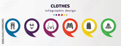clothes infographic template with icons and 6 step or option. clothes icons such as boyfriend low jean, lingerine, jewelry, nylon jacket, peplum skirt, tulle skirt vector. can be used for banner,