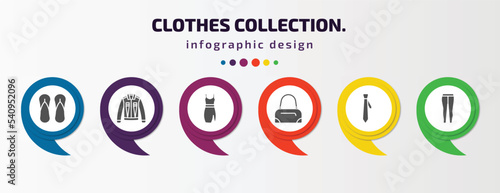 clothes collection. infographic template with icons and 6 step or option. clothes collection. icons such as sleepers, denim shirt, drees, barrel handbag, tie, leggins vector. can be used for banner,