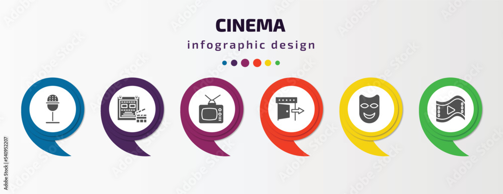 cinema infographic template with icons and 6 step or option. cinema icons such as studio mic, film poster, television with antenna, cinema exit, smile mask, big play button vector. can be used for cinema infographic template with icons and 6 step or option. cinema icons such as studio mic, film poster, television with antenna, cinema exit, smile mask, big play button vector. can be used for