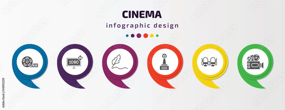 cinema infographic template with icons and 6 step or option. cinema icons such as big film roll, 1080p hd tv, author, movie award, cinema seats, old projector vector. can be used for banner, info cinema infographic template with icons and 6 step or option. cinema icons such as big film roll, 1080p hd tv, author, movie award, cinema seats, old projector vector. can be used for banner, info