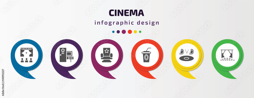 cinema infographic template with icons and 6 step or option. cinema icons such as people watching a movie, dressing room, cinema chair, papper cup with straw, dvd, screen vector. can be used for cinema infographic template with icons and 6 step or option. cinema icons such as people watching a movie, dressing room, cinema chair, papper cup with straw, dvd, screen vector. can be used for